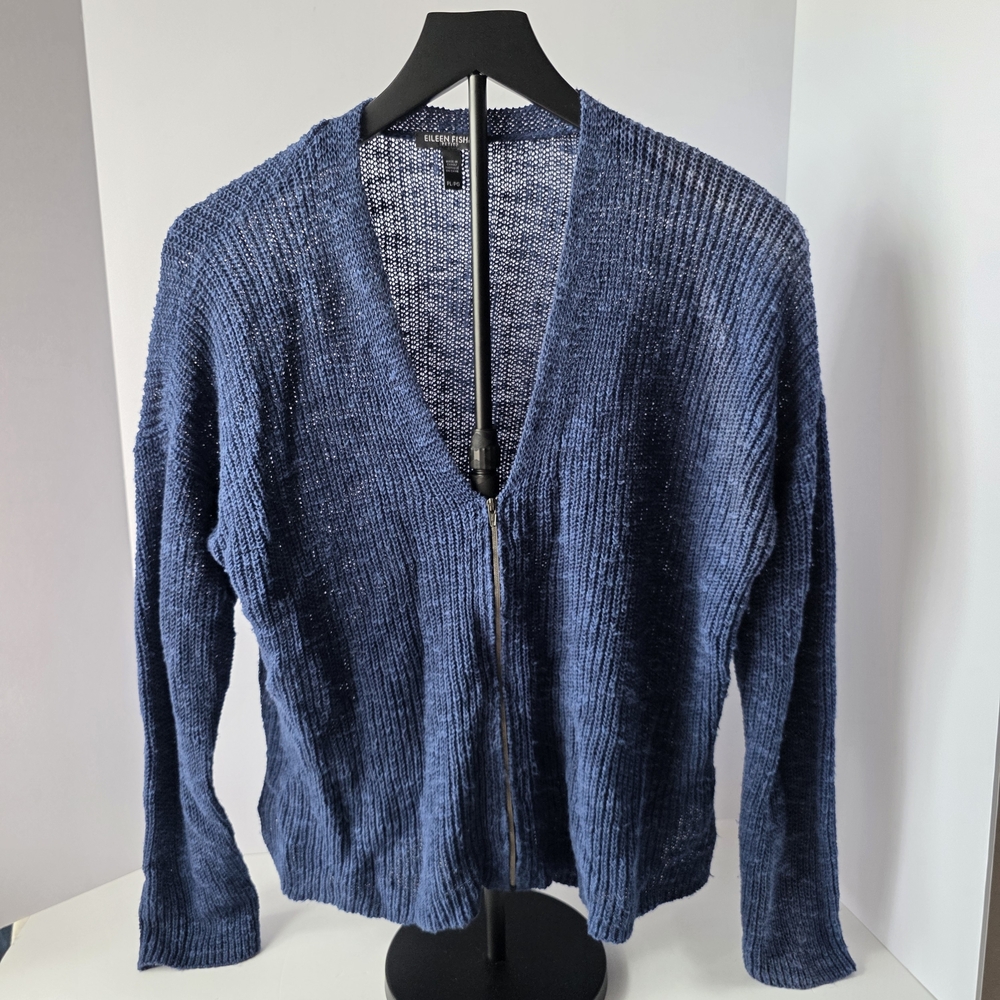Eileen Fisher Womens Net Open Knit Zip Linen Cotton Cardigan Size PetiteLarge Bl